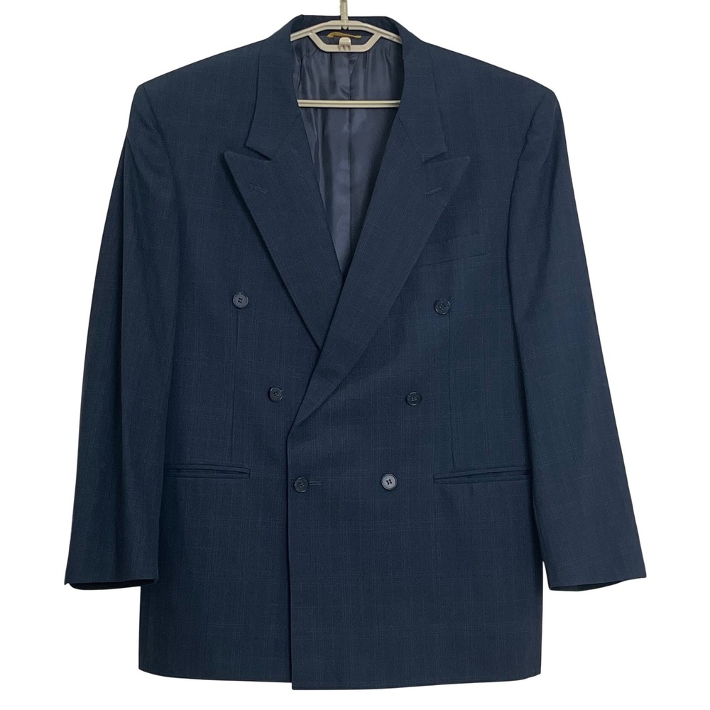 Vintage Kuppenheimer Double Breasted Blazer Jacket 42R Navy Blue Glen Plaid Wool